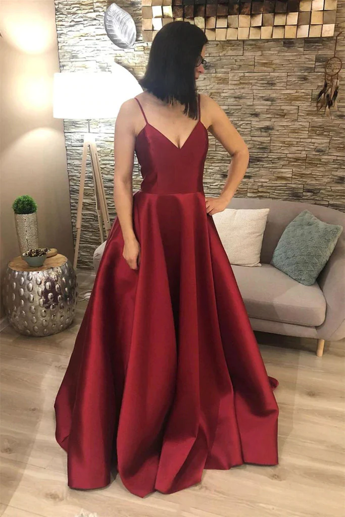 V Neck Open Back Burgundy Satin Long Prom Dress, V Neck Burgundy Formal Graduation Evening Dress Y210 - VelvetHem