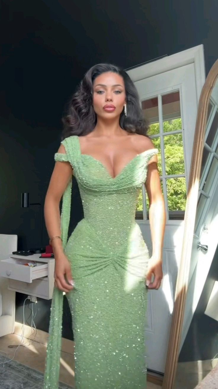 Glitter Mint Green Sequin One Shoulder Mermaid Prom Dress Side Slit Long Party Dress - View 4 | VelvetHem