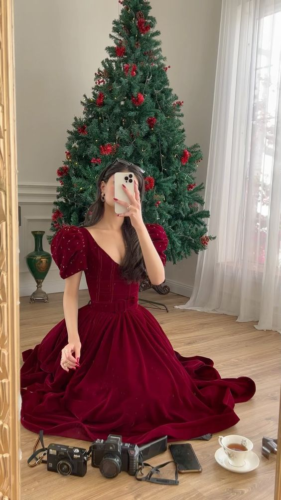 Dark Red Velvet V Neck Short Puff Sleeve Beaded A Line Floor Length Evening Dress - VelvetHem