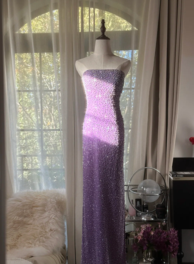 Glamorous Strapless Purple Chiffon Beaded Sheath Slit Prom Dress Long Party Gown - View 4 | VelvetHem