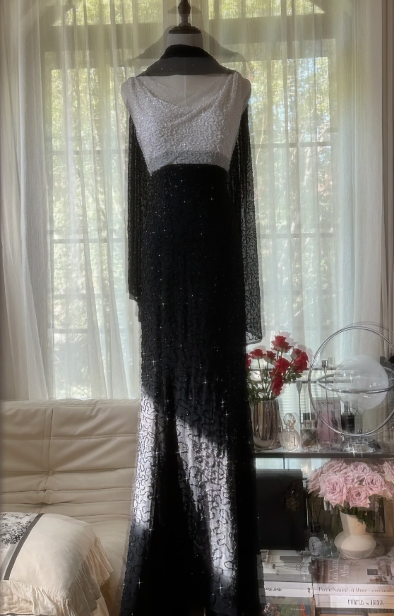 Elegant V Neck Black Chiffon Beaded Mermaid Evening Dress Long Birthday Party Gown With Scarf