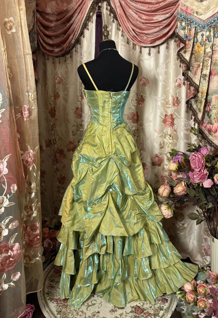 Vintage Green Satin Beaded Pleated A Line Prom Dress,Ball Gown - View 3 | VelvetHem