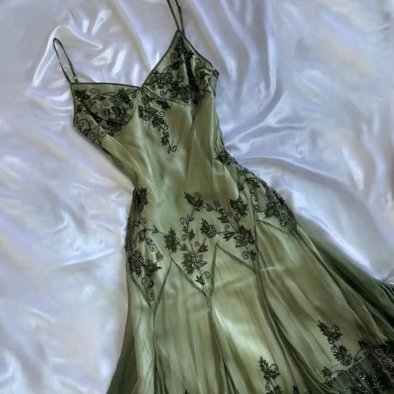 Vintage Green Straps Beaded A Line Prom Dress Party Evening Dress - View 2 | VelvetHem