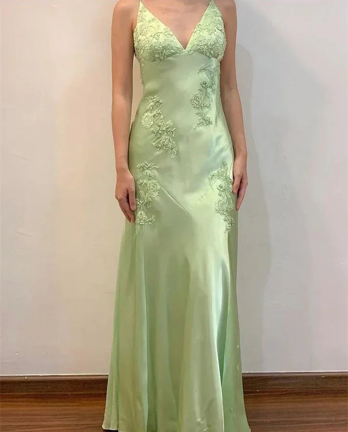 Spaghetti Straps Mint Green Lace Beaded Prom Dress Evening Dress