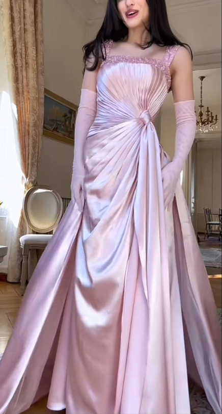 Classy Pink Satin Pleated Beaded Mermaid Party Dress Long Evening Gown With Gloves