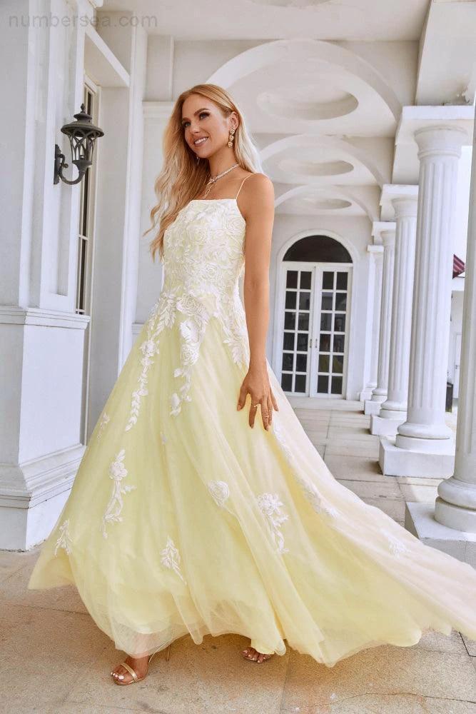 Ladies Spaghetti Strap V Neck Tulle Lace Floor Length Homecoming Dress Prom Wedding Evening Dress 28112 by numbersea