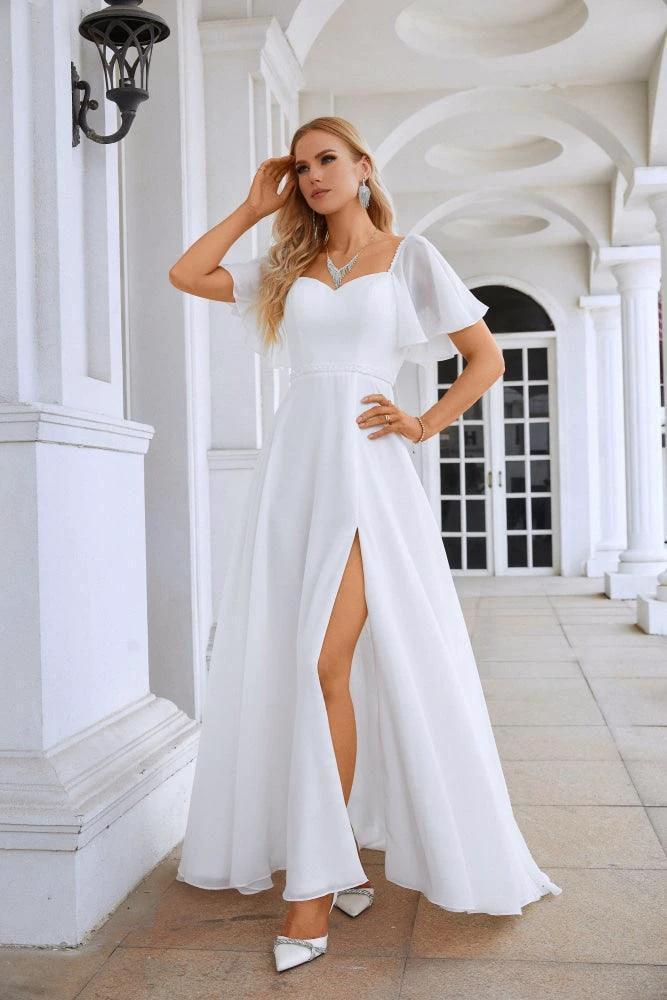 Ladies Chiffon Ruffle Sleeve Front Slit Bridesmaid Evening Dress Prom Wedding Party Evening Dress 28115 by numbersea
