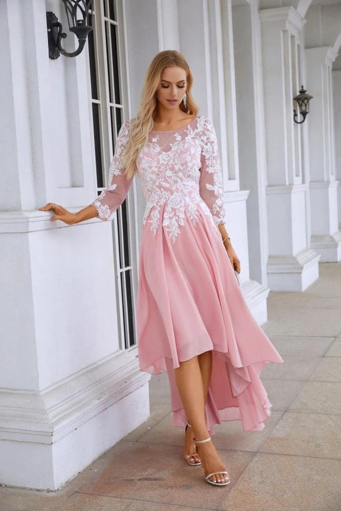 Ladies Round Neck Long Sleeve Chiffon Lace Short Front Short Back Length Length Bridesmaid Evening Dress Wedding Evening Dress 28123 by numbersea