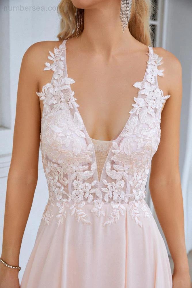 ZapDress Ladies V Neck Front Slit Lace Spaghetti Strap Chiffon Bridesmaid Dress Party Wedding Evening Dress 28088 (ZD16966)