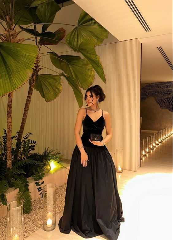 Simple Black Spaghetti Straps Satin Party Prom Dress A Line Evening Dress