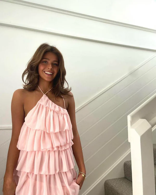 Pink Sleeveless Layered Long Prom Dress,Pink Evening Dress - View 2 | VelvetHem