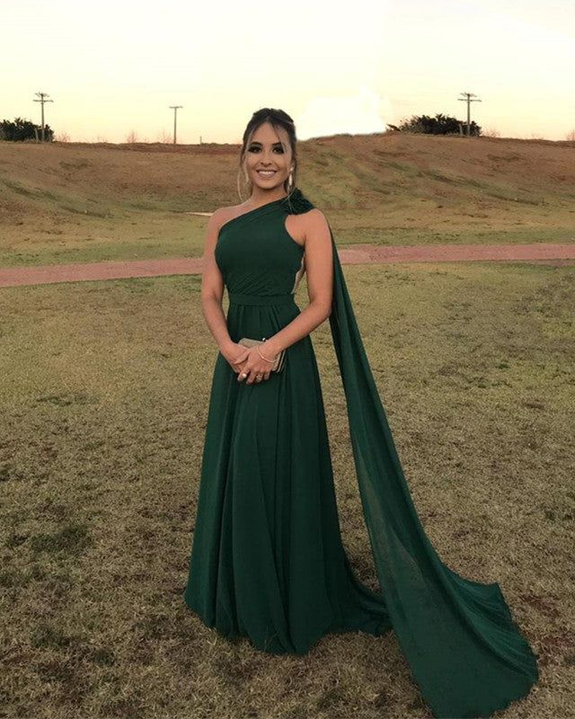 Chiffon One Shoulder Green Prom Dress,Wedding Guest Dress - VelvetHem