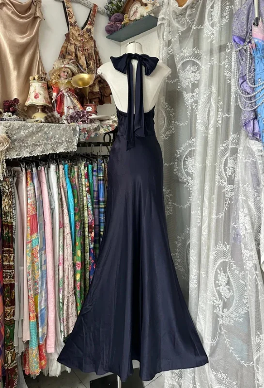 Retro Halter Satin Mermaid Navy Blue Backless Long Evening Dress Formal Birthday Party Dress - View 3 | VelvetHem