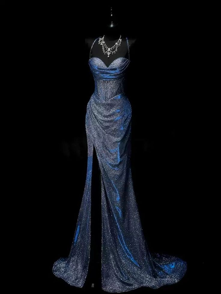 Pretty Mermaid Spaghetti Straps Navy Blue Satin Slit Party Dress - VelvetHem
