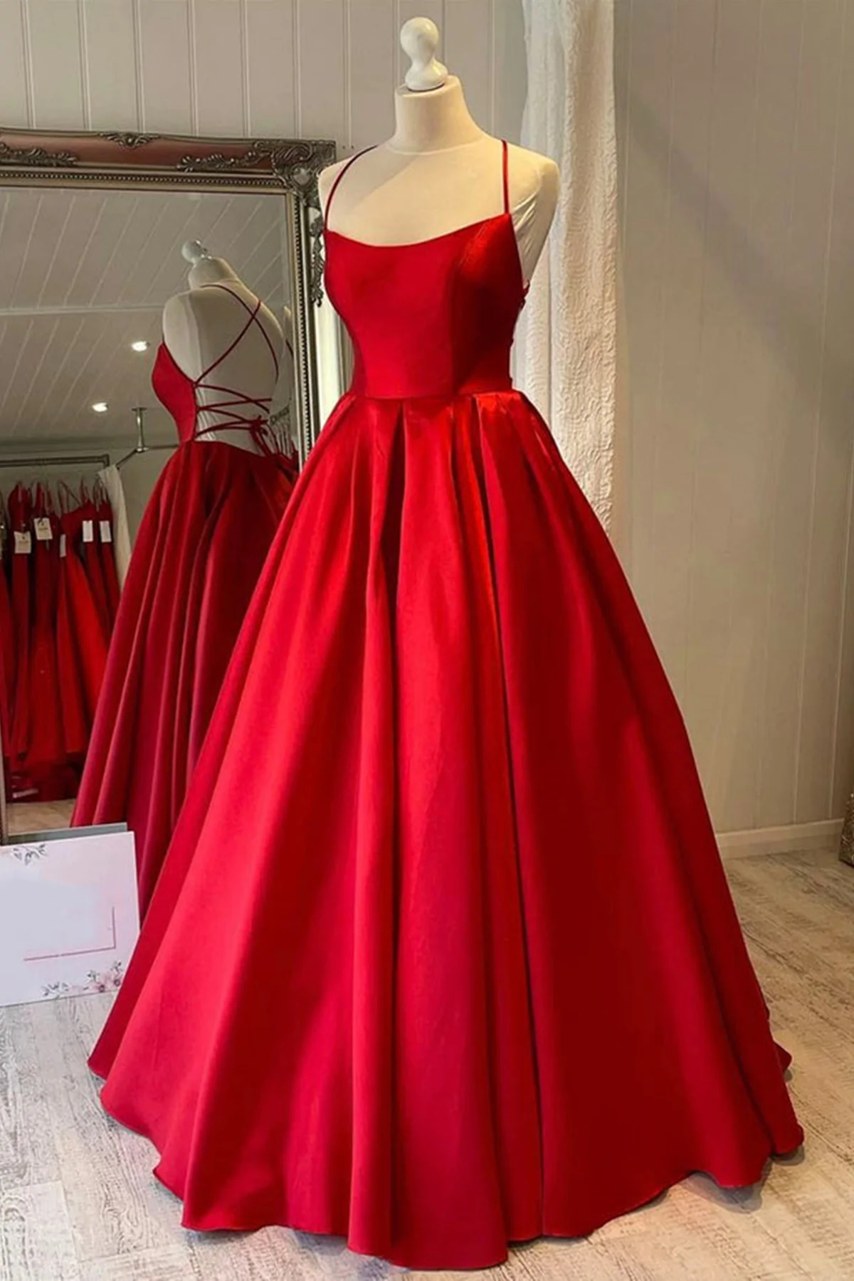 Simple Backless Red Satin Long Prom Dresses, Long Red Formal Graduation Evening Dresses - VelvetHem