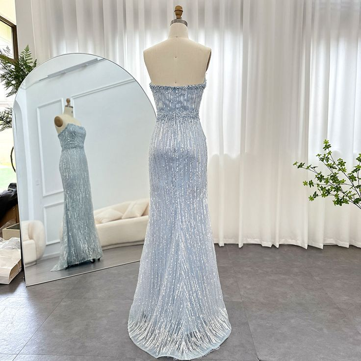 Light Blue Pearls Luxury Dubai Evening Dresses Elegant Strapless Formal Prom Gowns - View 5 | VelvetHem