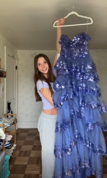 Pretty Blue Tulle Sequins Layered Prom Dress Long Slit Party Evening Gown - View 5 | VelvetHem