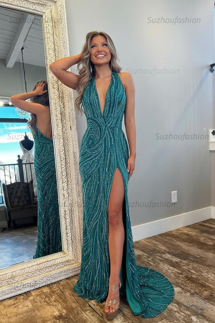 Halter Prom Dress Pink and Orange Mermaid Evening Dress with Slit