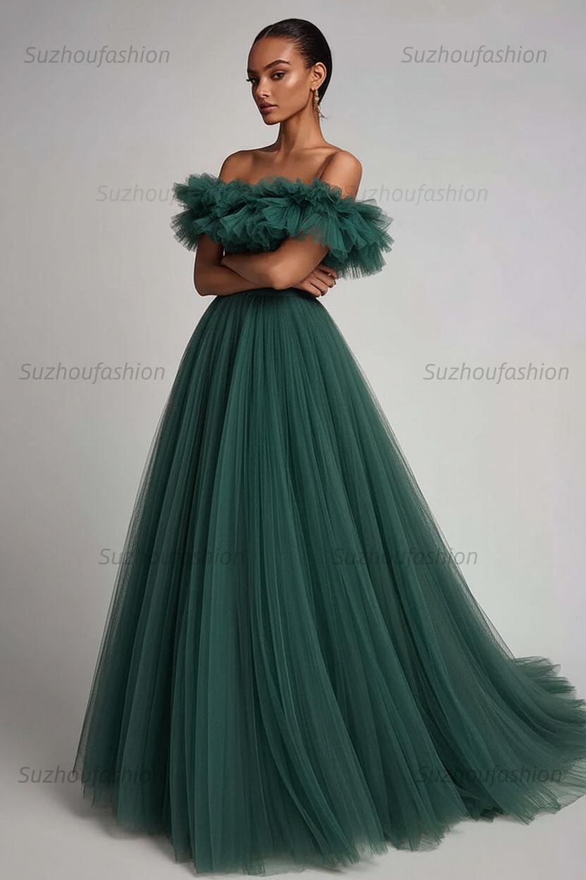 Dusty Sage Prom Dress Tulle A Line Long Formal Dress With Ruffles