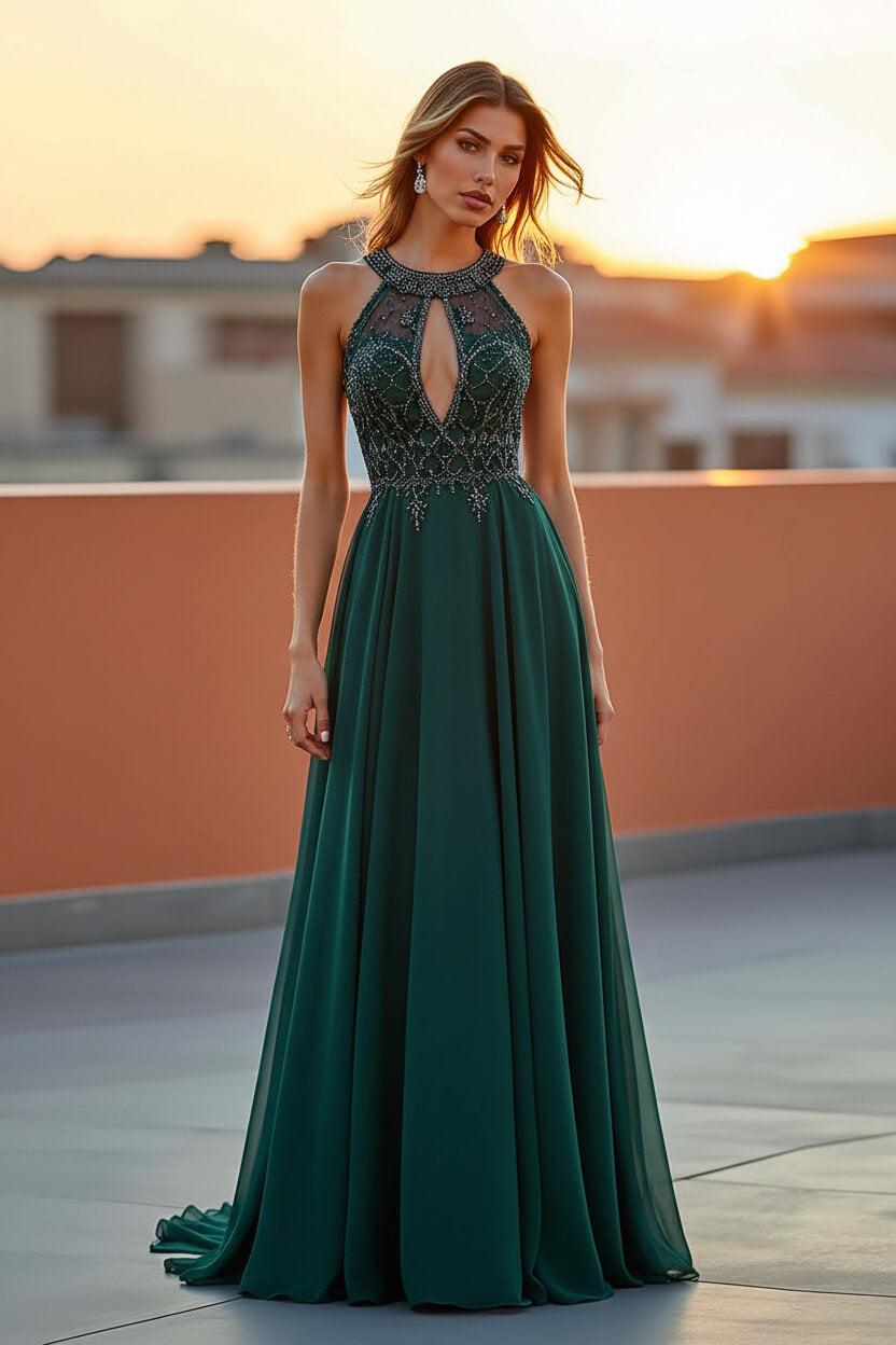 Beaded Navy Wedding Guest Dress Halter Long Formal Dress With Embroideries