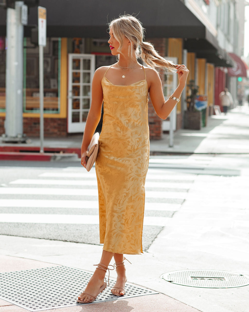 Janene Satin Cowl Neck Midi Dress Golden Yellow FINAL