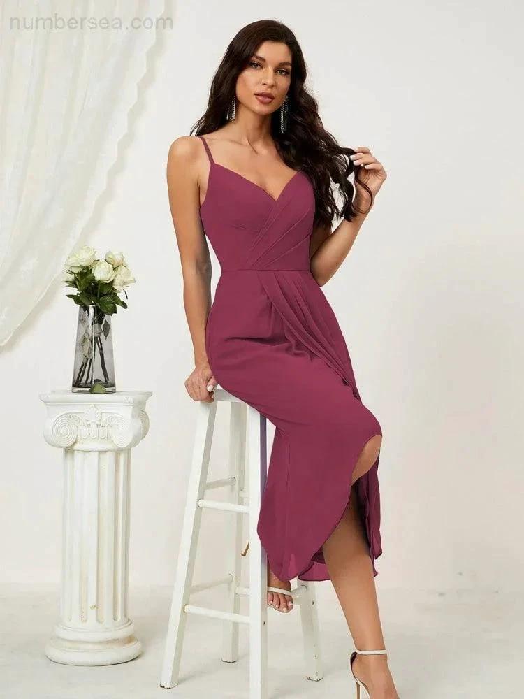 ZapDress Spaghetti Chiffon V Neck Bridesmaid Dress Mid-Length Slit Formal Prom Dress Homecoming Dress 2803 (ZD16952)