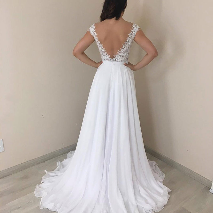 Jewel A-line Cap-Sleeves Lace Excellent Appliques Beach Wedding Dresses