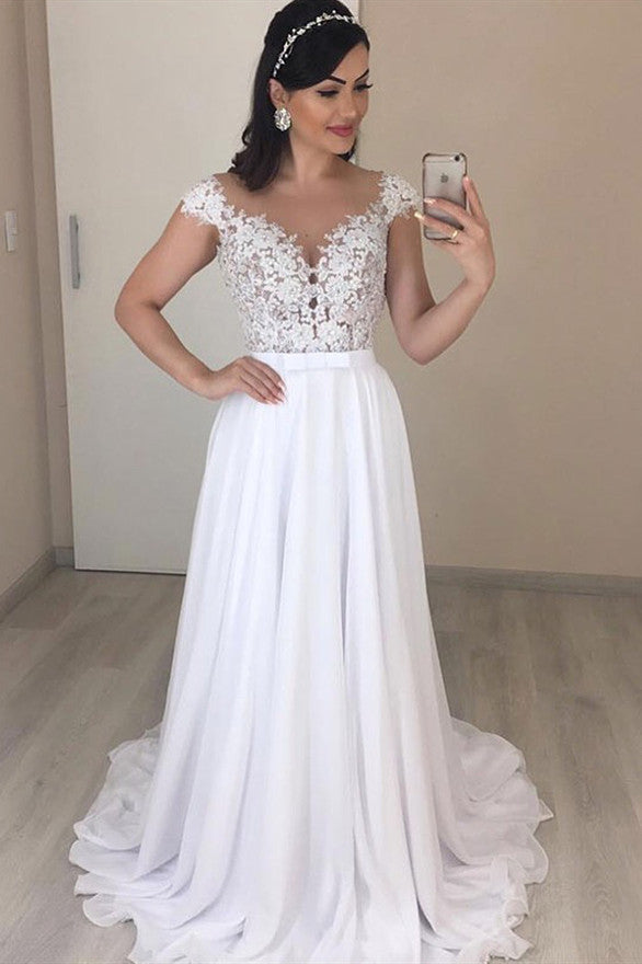 Jewel A-line Cap-Sleeves Lace Excellent Appliques Beach Wedding Dresses