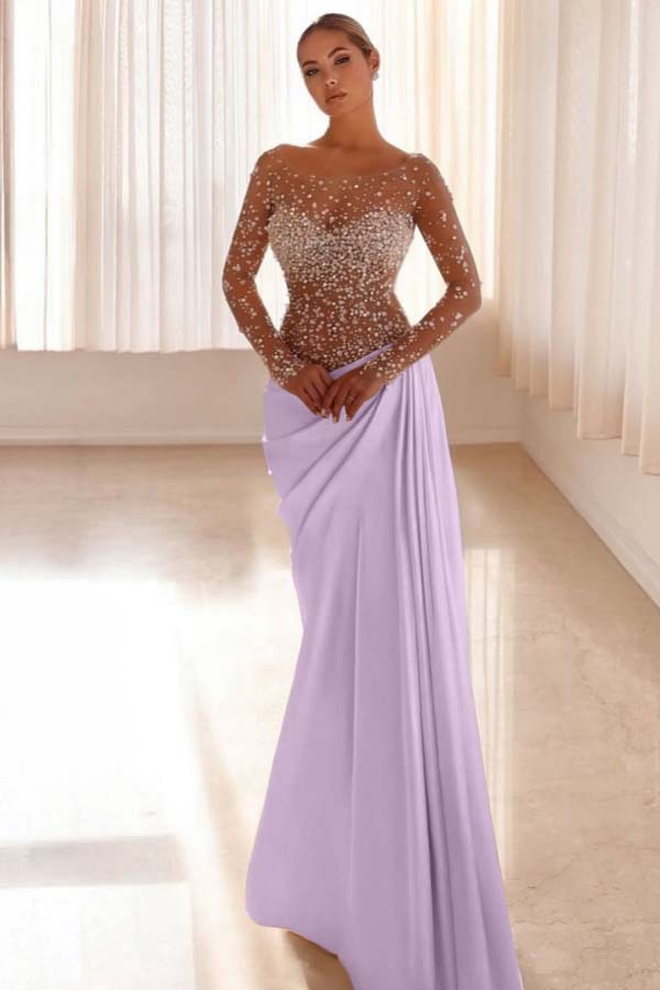 Jewel Neck Long Sleeves Long Mermaid Evening Formal Dress With Pleated