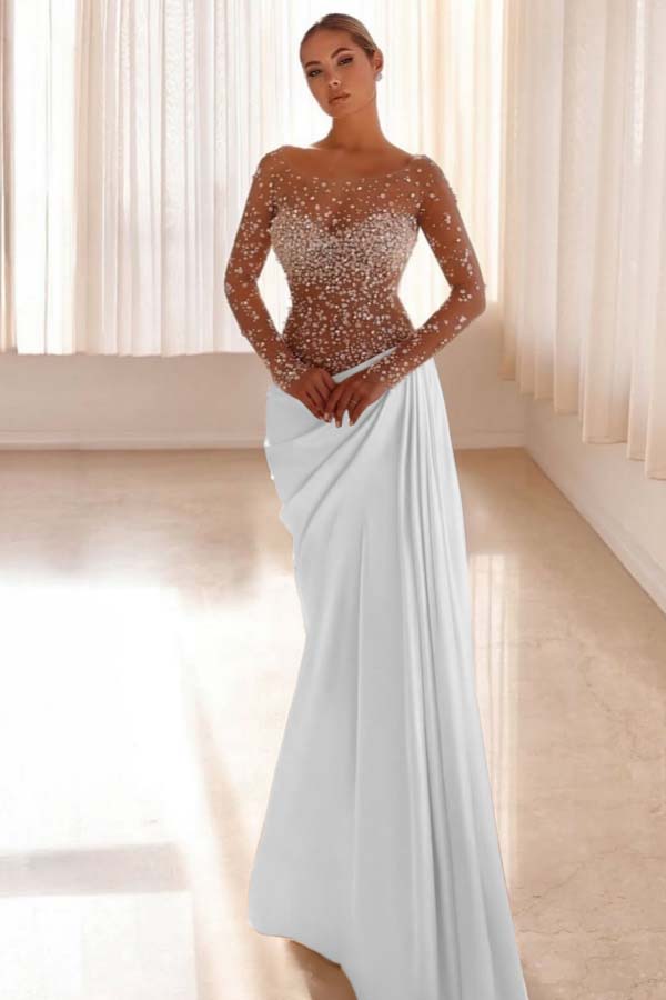 Jewel Neck Long Sleeves Long Mermaid Evening Formal Dress With Pleated