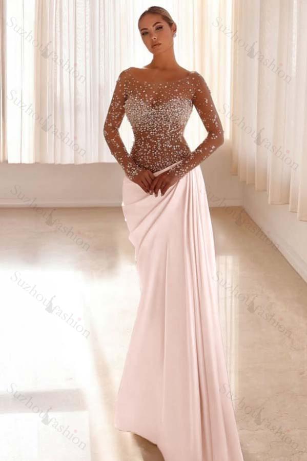 Jewel Neck Long Sleeves Long Mermaid Evening Formal Dress With Pleated