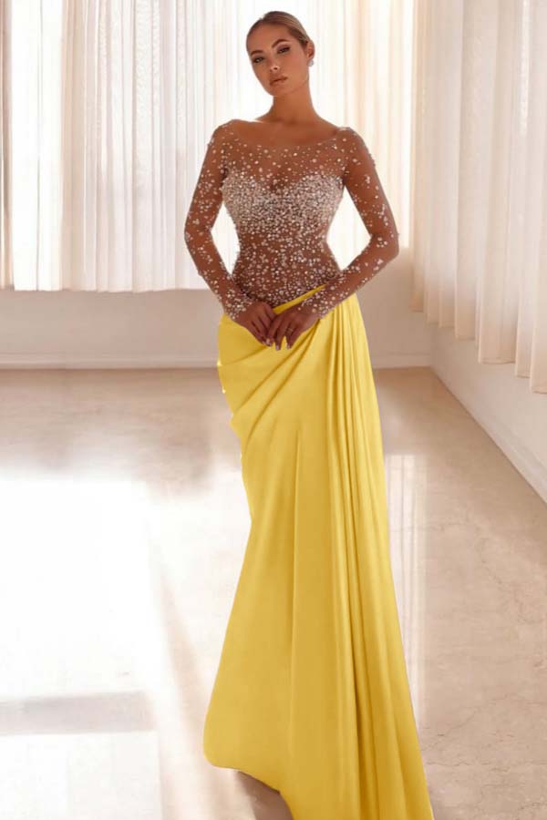 Jewel Neck Long Sleeves Long Mermaid Evening Formal Dress With Pleated