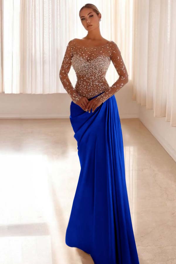 Jewel Neck Long Sleeves Long Mermaid Evening Formal Dress With Pleated