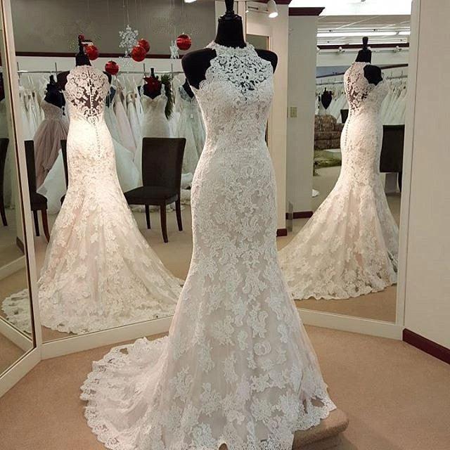 Jewel Neck Mermaid Lace Applique Sleeveless Wedding Dresses (ZD15454)