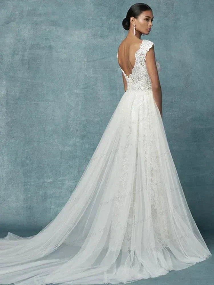 Wedding Dresses With Detachable Train Bride Pants Suit Lace Appliqued Sleeveless Women Brides Outfits Backless Custom (ZD13561)