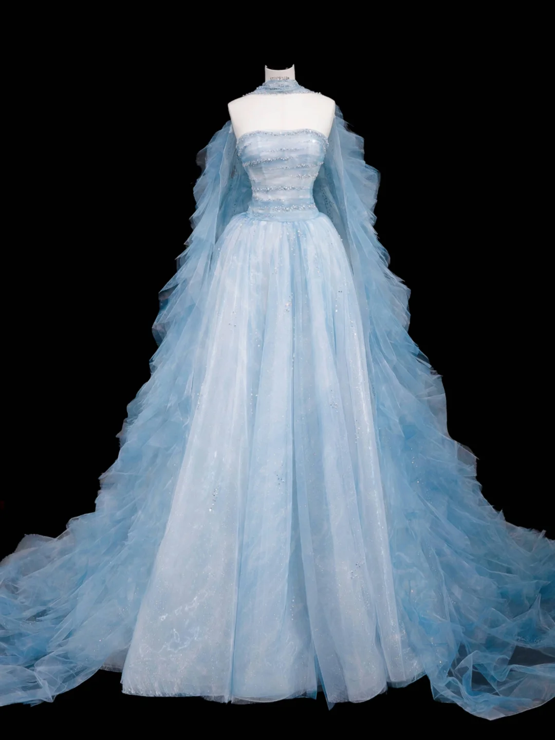 Dream Blue Tulle Beaded A Line Prom Dress Long Evening Dress Y8691
