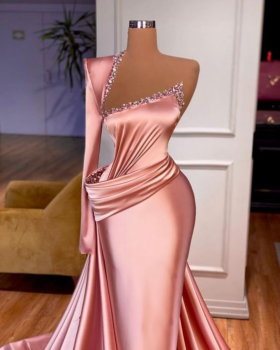 Pink Evening Dress Long One Shoulder Modest Beaded Elegant Luxury Formal Dress - VelvetHem