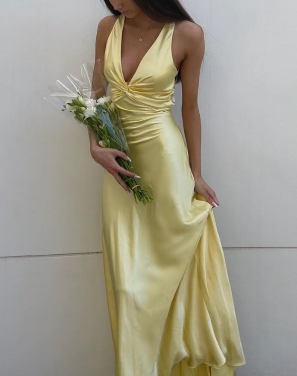 Sexy V Neck Yellow Satin Bow Back Party Dress Long Prom Evening Dress - VelvetHem