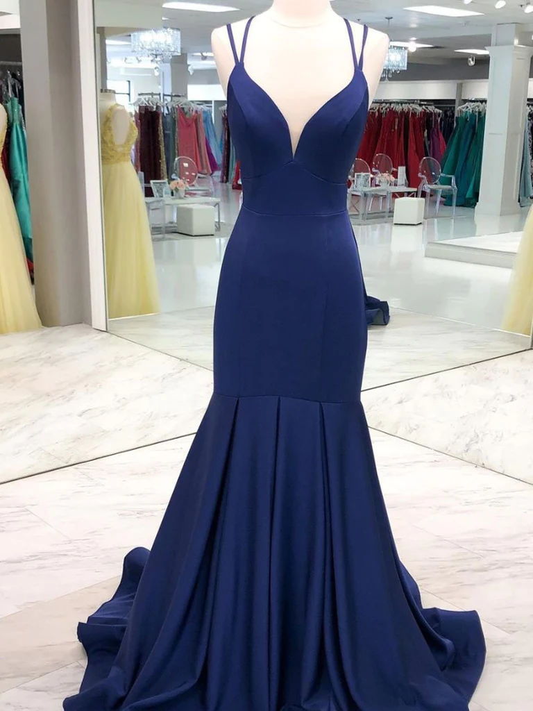 V Neck Mermaid Dark Navy Blue Prom Dresses, Navy Blue Mermaid Long Formal Evening Dresses Y234 - VelvetHem
