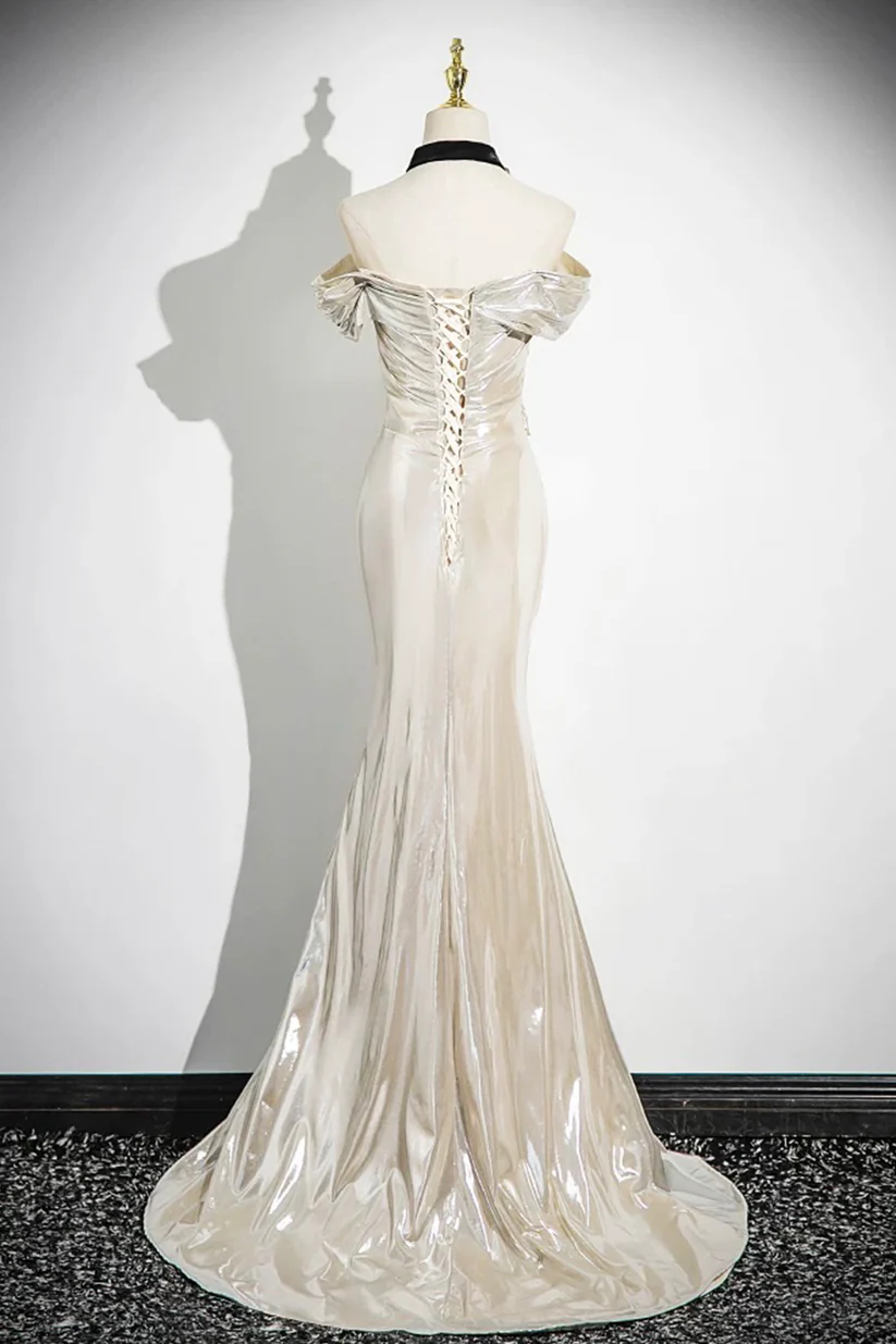 Champagne Off The Shoulder Satin Party Dress, Elegant Mermaid Evening Dress