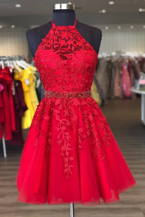 Red Lace Homecoming Dress Halter Neckline, Short Prom Dress ,Formal Dress,Dance Dresses, Back To School Party Gown - VelvetHem