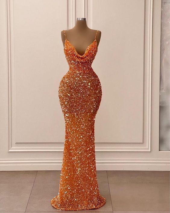 Spaghetti Straps Sparkly Evening Dress Orange Glitter Mermaid Prom Dress Y6105 - VelvetHem