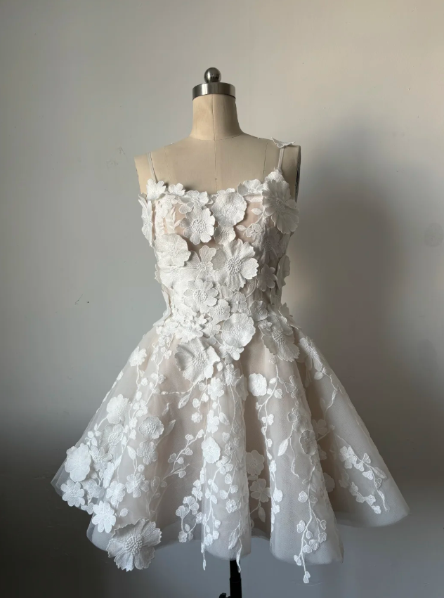 Classy White Tulle Appliques A Line Short Party Dress 8th Grade Homecoming Dress - VelvetHem