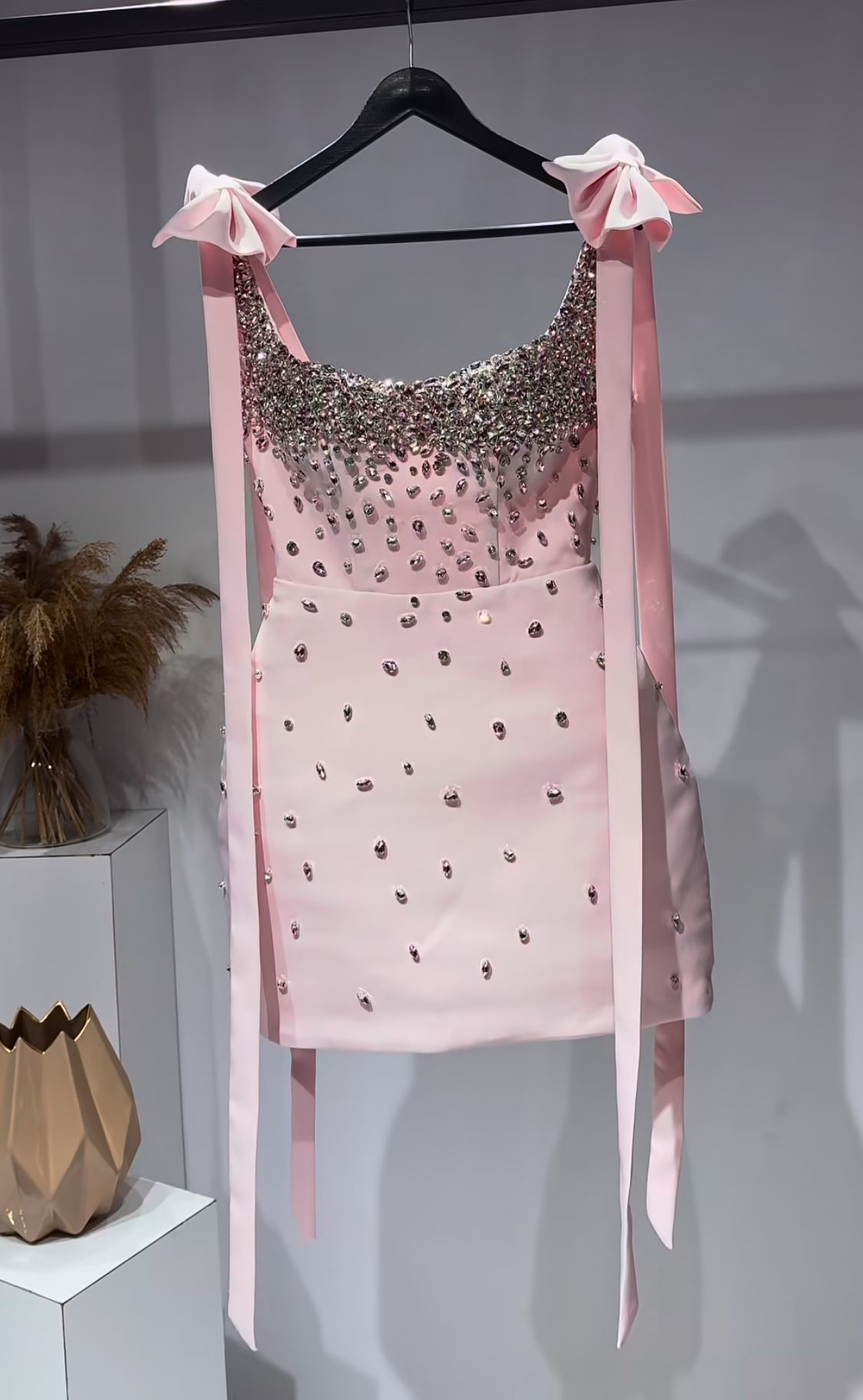 Stylish Pink Bow Straps Sheath Satin Beaded Cocktail Dress Formal Short 8th Grade Homecoming Dress