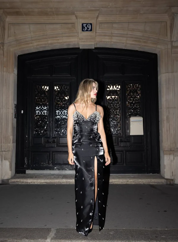 Charming Black Satin Beaded Slit Prom Dress Spaghetti Straps Sheath Evening Gown Y8229