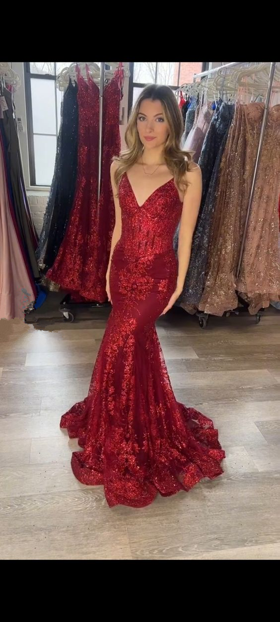 Red V Neck Mermaid Prom Dress Red Evening Gown Y5967 - VelvetHem