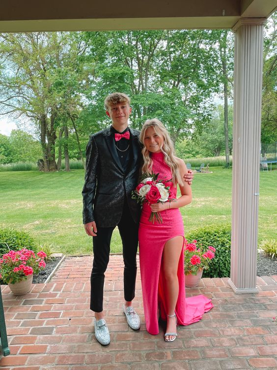 Beaded Slit Sheath Prom Dress Hot Pink Long Evening Dress - VelvetHem