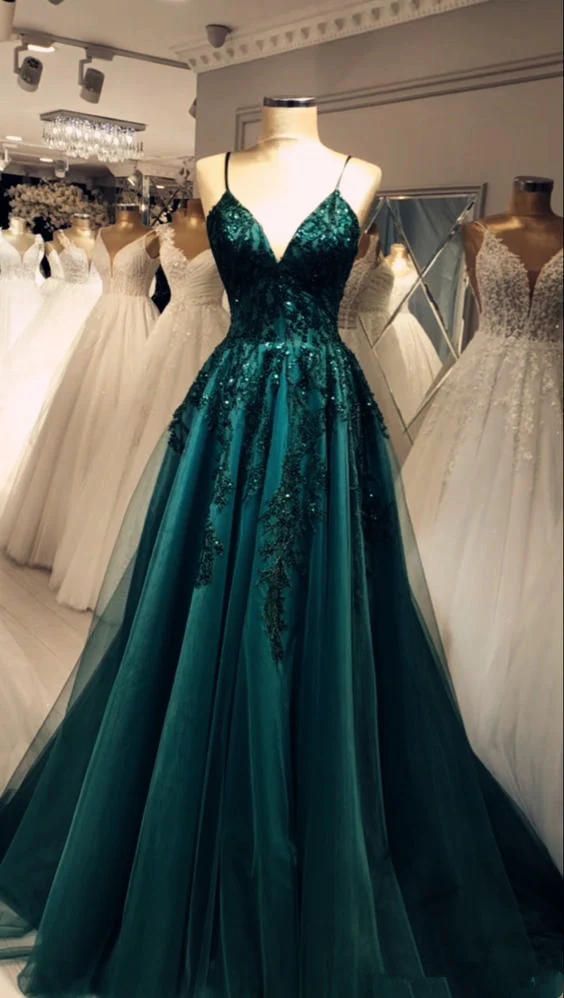 Beautiful Green Spaghetti Straps Tulle Lace Appliques Prom Dress Evening Gown Y7922 - VelvetHem