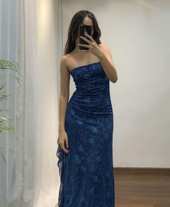 Pretty Sheath Strapless Ruffles Evening Dress Navy Blue Party Prom Dress