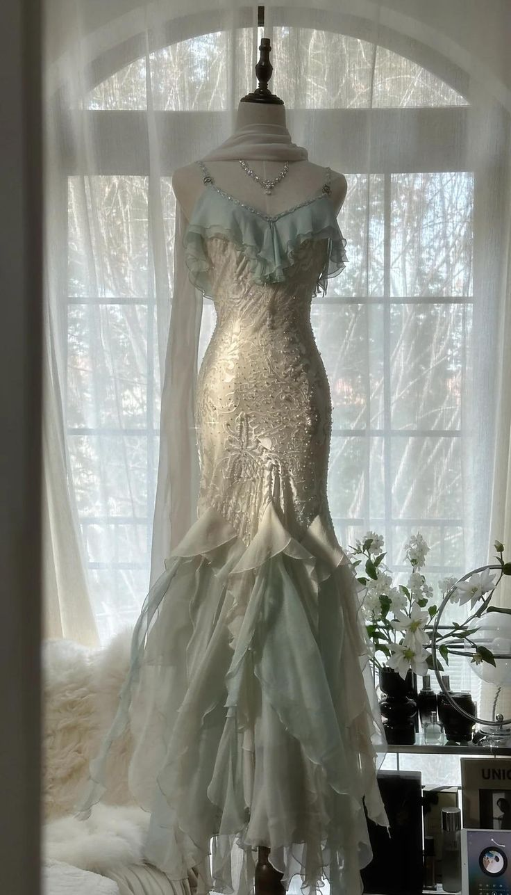 Classy Light Green Chiffon Beaded Mermaid Prom Dress,Spaghetti Straps Party Evening Dress - VelvetHem